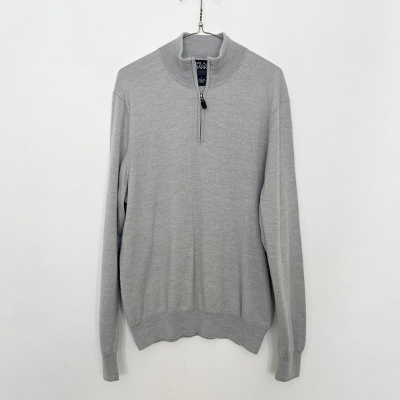 Jos A Bank Sweater Mens Size Large Gray Knit Merino Wool Quarter Zip Pullover - Picture 1 of 4